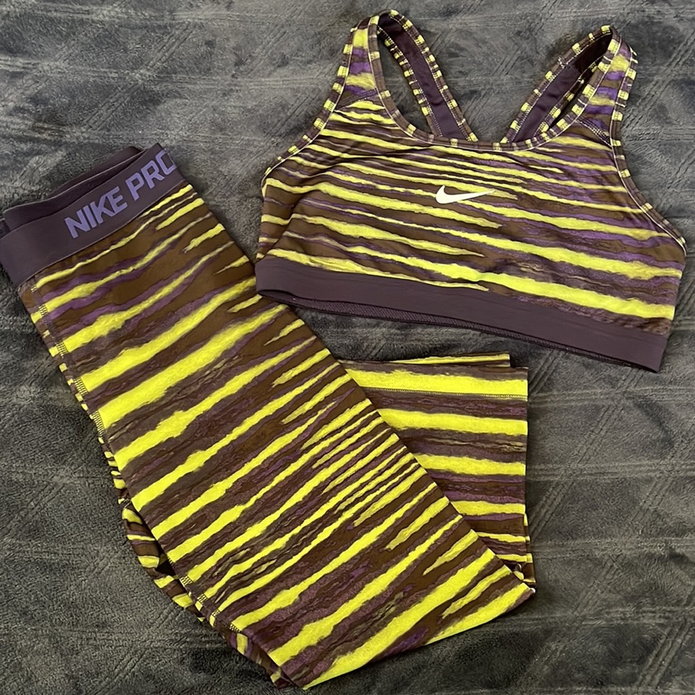 Nike Pro Dri Fit Capri Athletic Set Deep Purple & Volt Size M - Picture 3 of 11